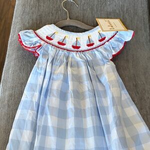 Blue and White Checkered Dress with Sailboat Embroidery
